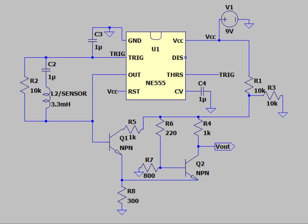 NE555-based magnet-sensitive oscillator circuit schematic with LC sensing inductor and transistor output conditioning
